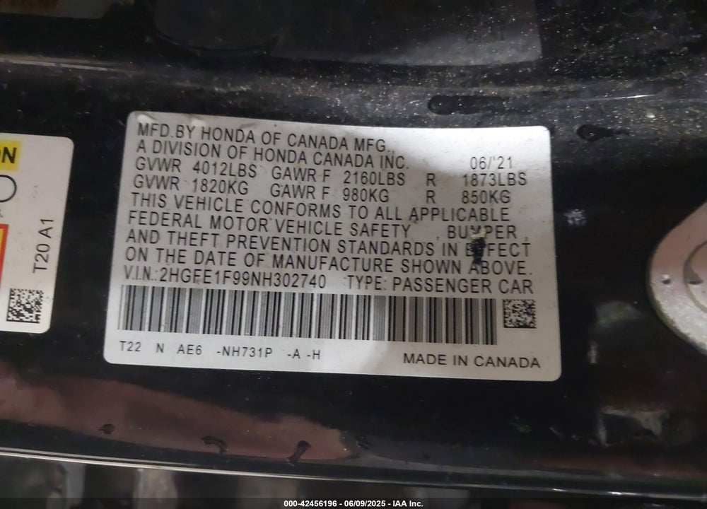 2022 HONDA CIVIC TOURING VIN: 2HGFE1F99NH302740