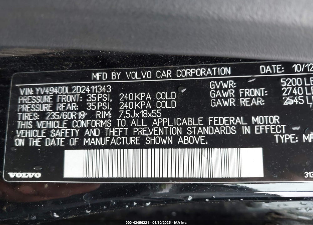 2013 VOLVO XC60 VIN: YV4940DL2D2411343