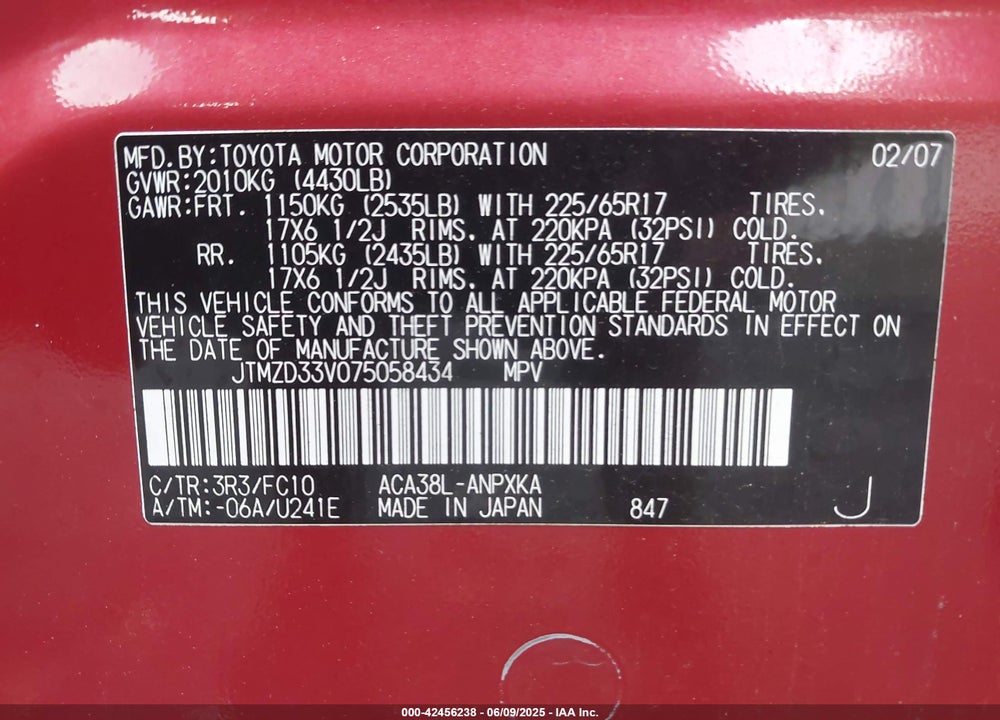 2007 TOYOTA RAV4 VIN: JTMZD33V075058434