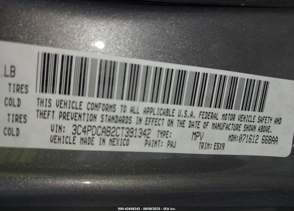 2012 DODGE JOURNEY VIN: 3C4PDCAB2CT391342