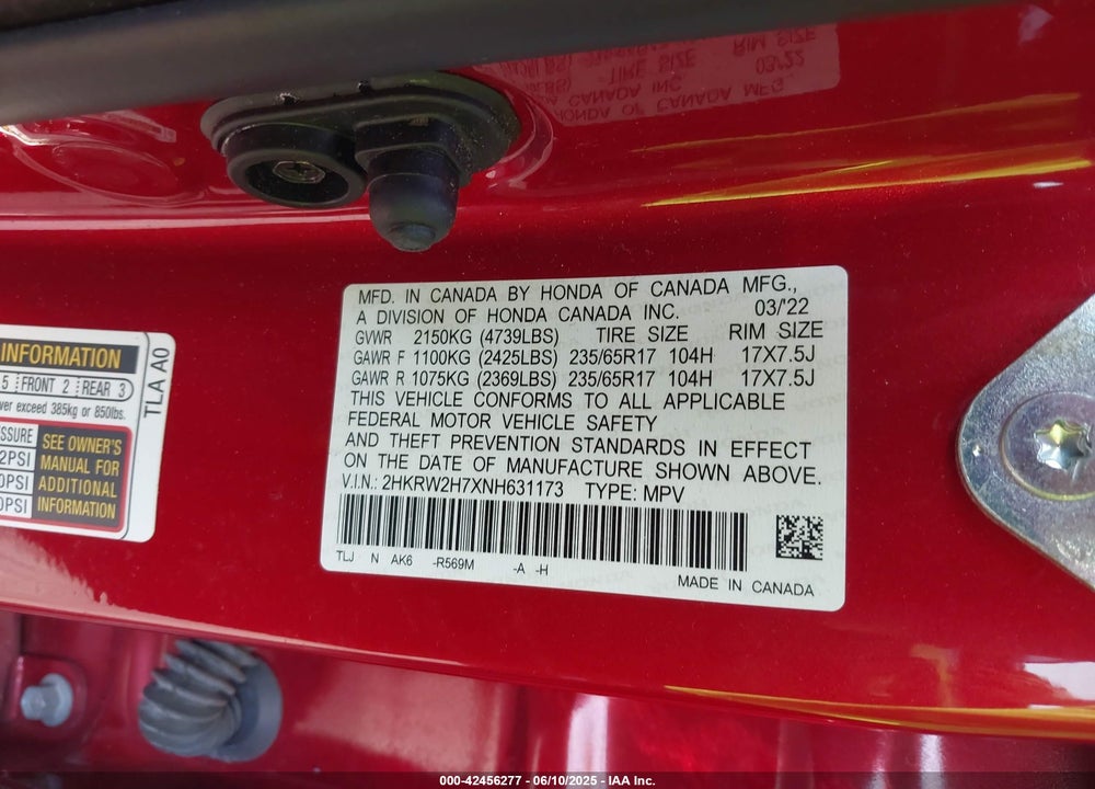2022 HONDA CR-V VIN: 2HKRW2H7XNH631173
