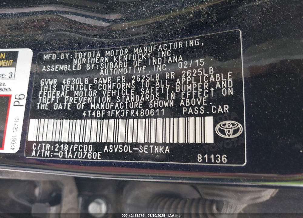 2015 TOYOTA CAMRY VIN: 4T4BF1FK3FR480611