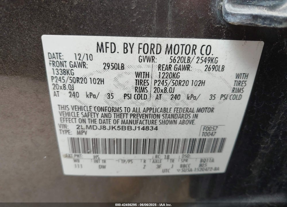 2011 LINCOLN MKX VIN: 2LMDJ8JK5BBJ14834