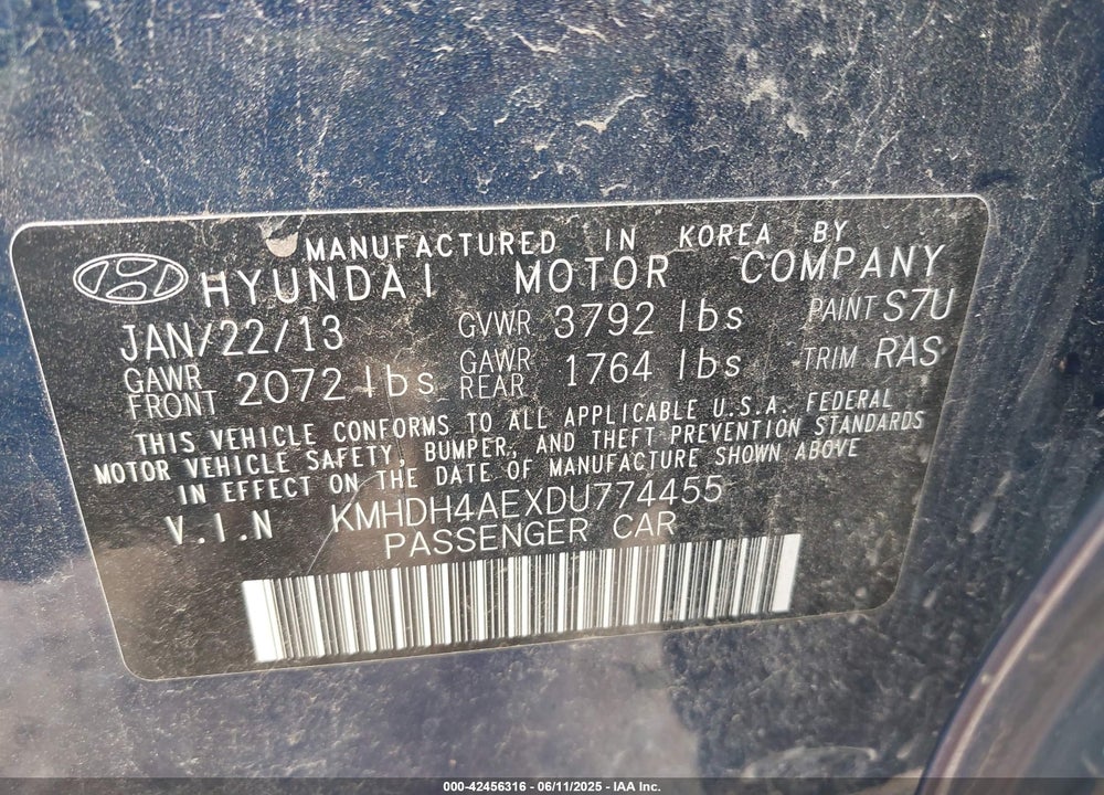 2013 HYUNDAI ELANTRA VIN: KMHDH4AEXDU774455