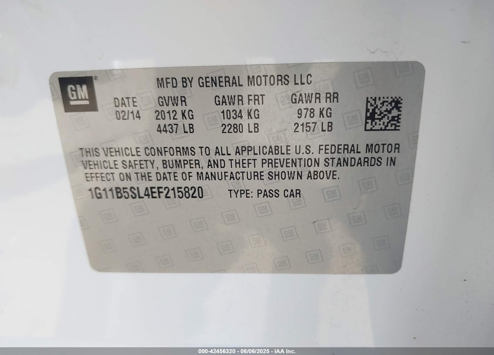 2014 CHEVROLET MALIBU VIN: 1G11B5SL4EF215820