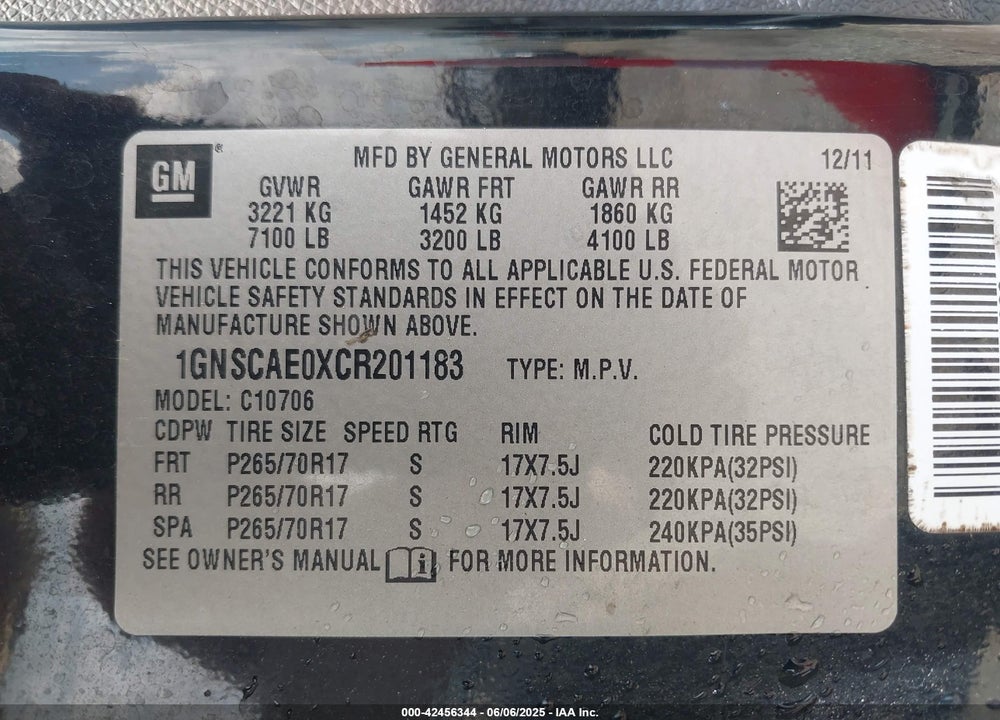 2012 CHEVROLET TAHOE VIN: 1GNSCAE0XCR201183