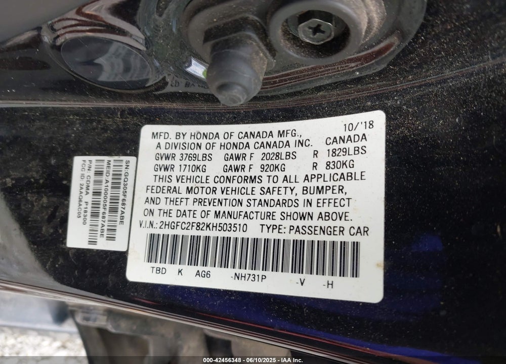 2019 HONDA CIVIC VIN: 2HGFC2F82KH503510
