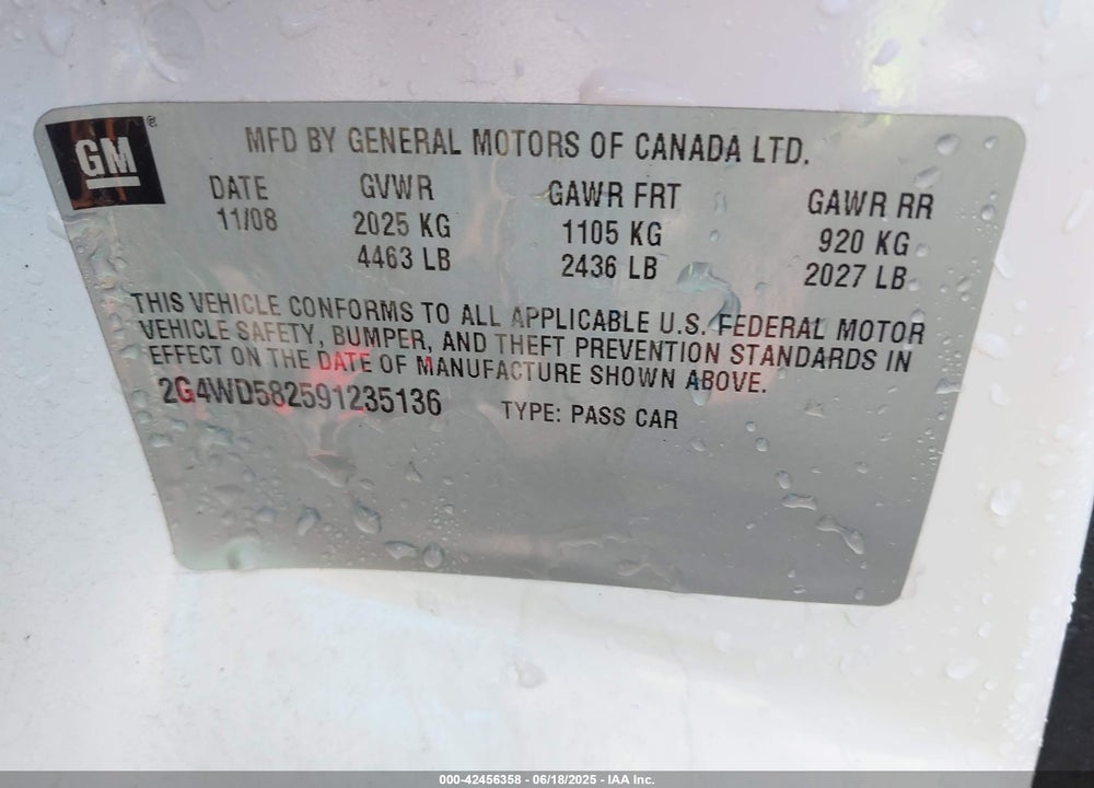 2009 BUICK LACROSSE CXL VIN: 2G4WD582591235136