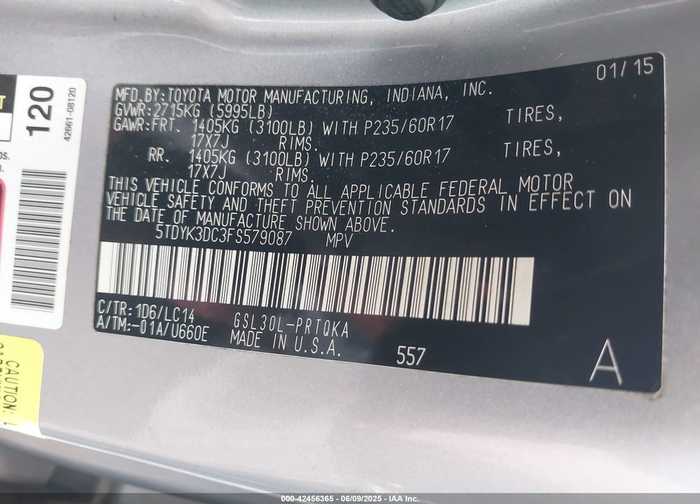 2015 TOYOTA SIENNA XLE 8 PASSENGER VIN: 5TDYK3DC3FS579087