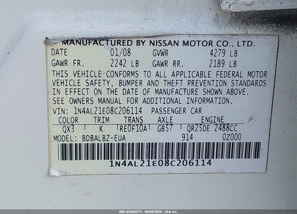 2008 NISSAN ALTIMA 2.5 S VIN: 1N4AL21E08C206114