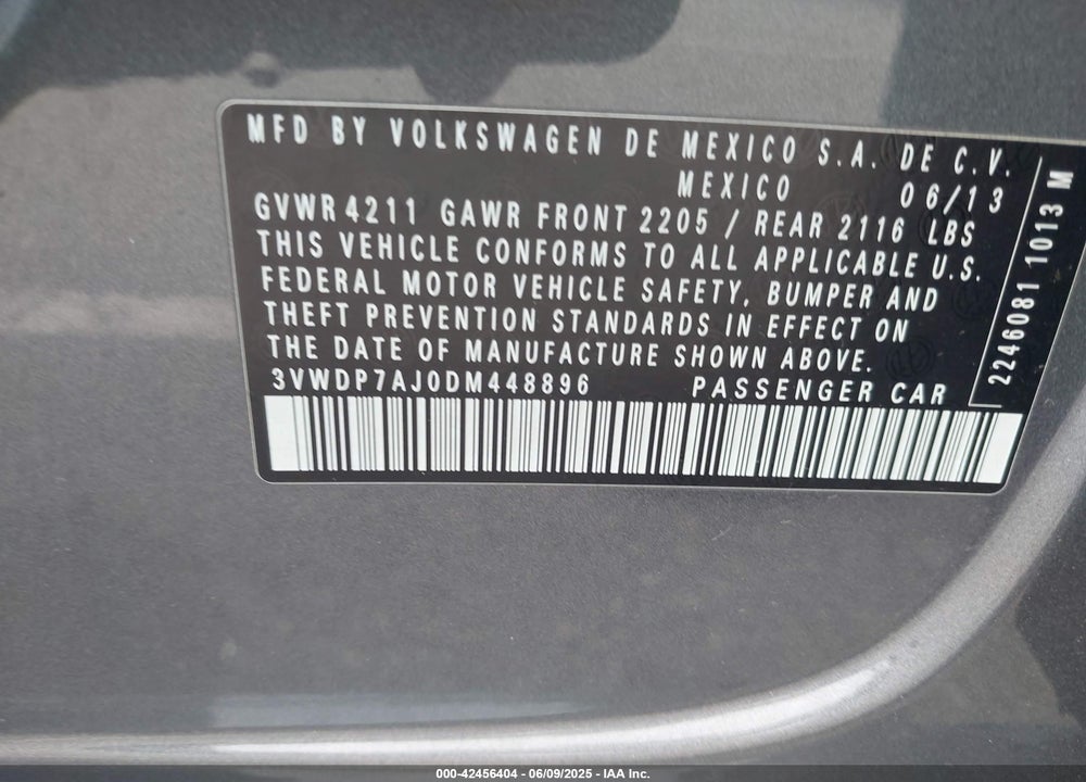 2013 VOLKSWAGEN JETTA VIN: 3VWDP7AJ0DM448896