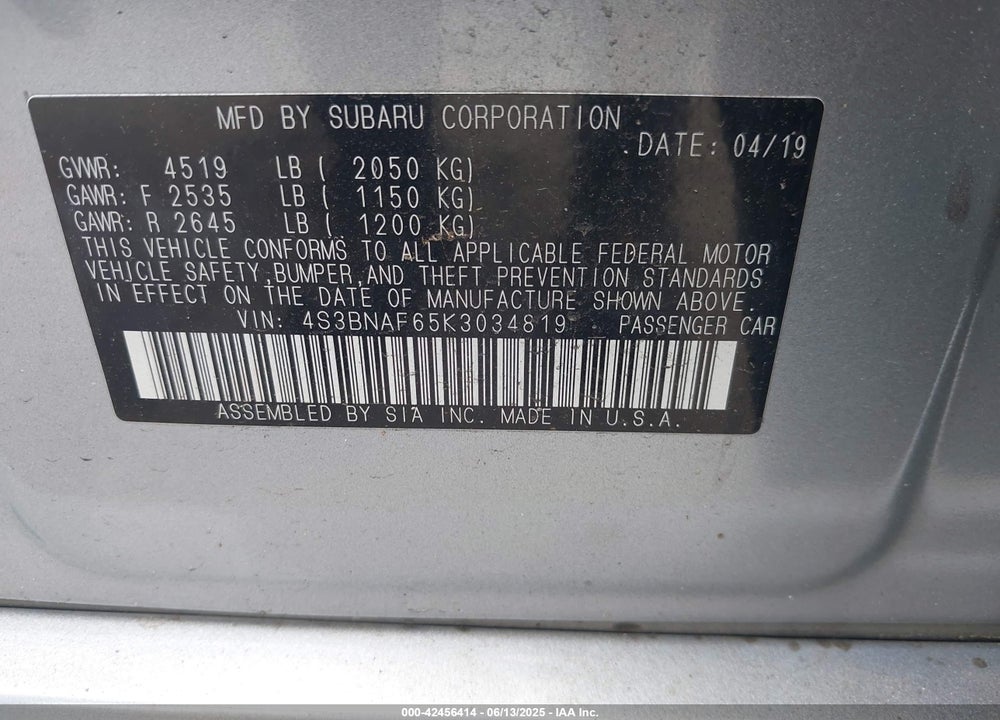 2019 SUBARU LEGACY 2.5I PREMIUM VIN: 4S3BNAF65K3034819