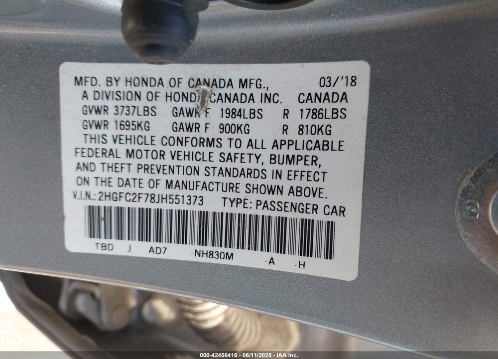2018 HONDA CIVIC EX VIN: 2HGFC2F78JH551373