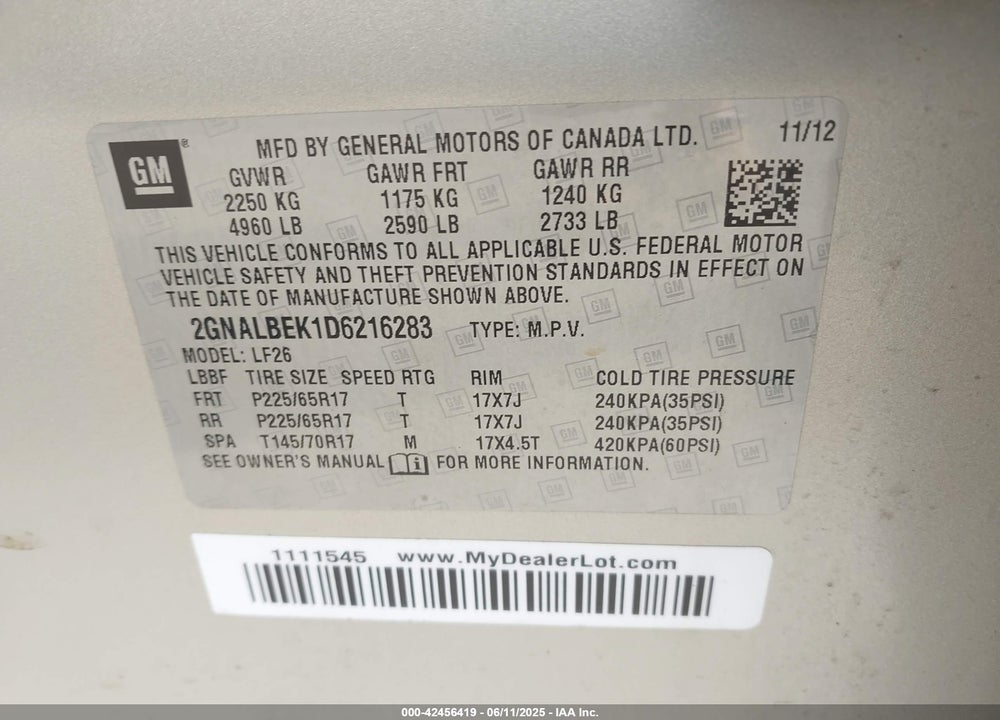2013 CHEVROLET EQUINOX VIN: 2GNALBEK1D6216283