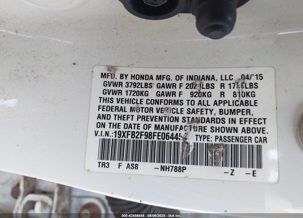 2015 HONDA CIVIC VIN: 19XFB2F98FE064454