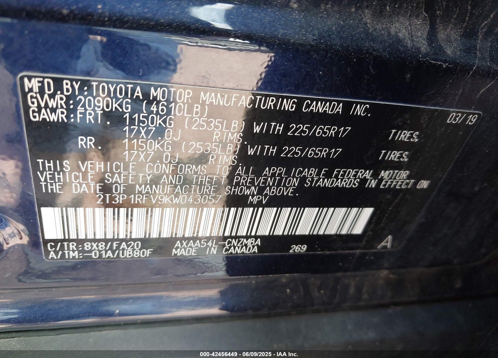 2019 TOYOTA RAV4 VIN: 2T3P1RFV9KW043057