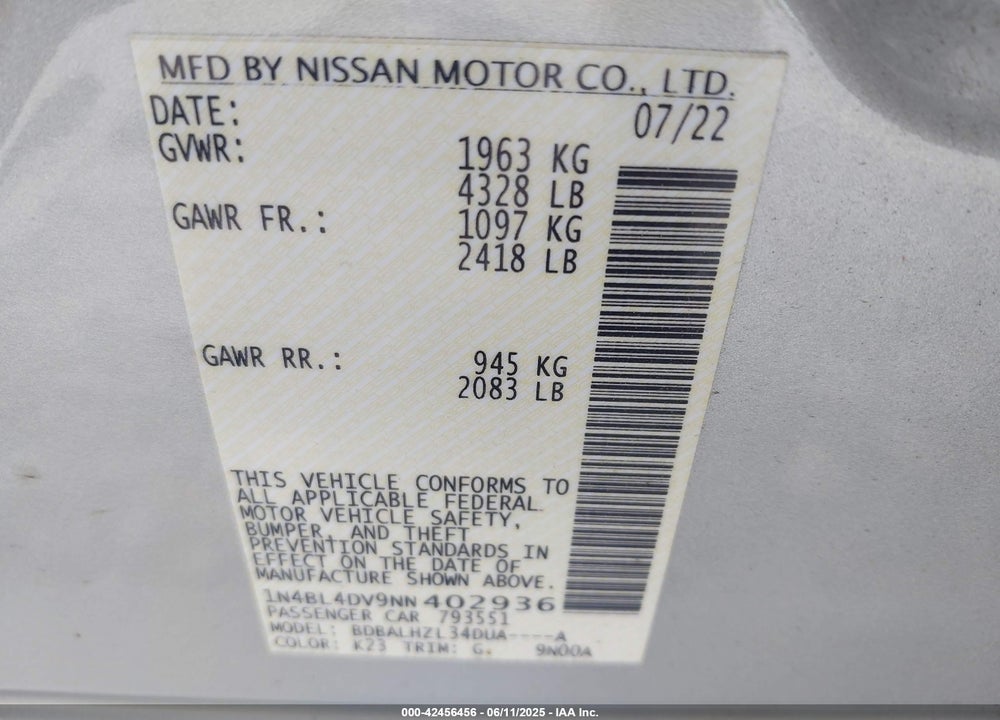 2022 NISSAN ALTIMA VIN: 1N4BL4DV9NN402936