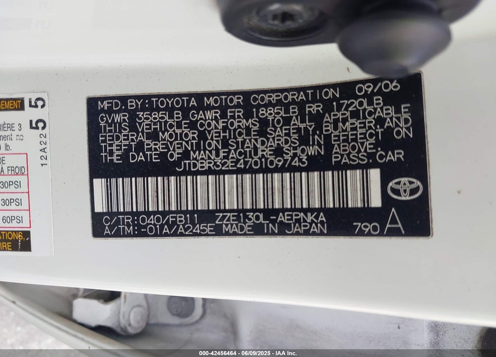 2007 TOYOTA COROLLA VIN: JTDBR32E470109743