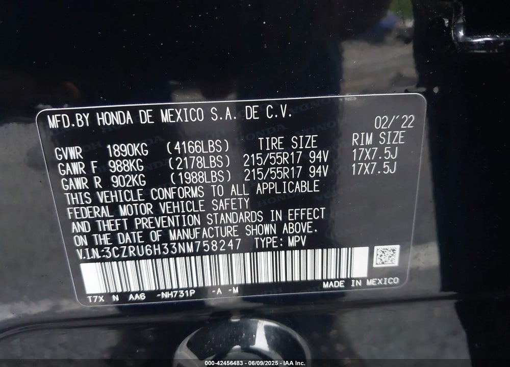 2022 HONDA HR-V VIN: 3CZRU6H33NM758247