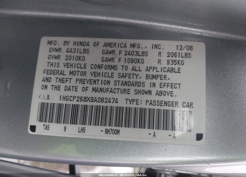 2009 HONDA ACCORD 2.4 EX-L VIN: 1HGCP268X9A082474