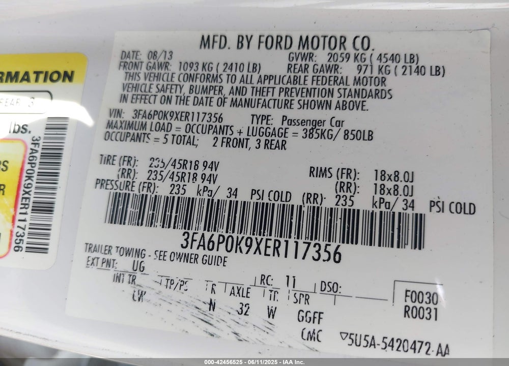 2014 FORD FUSION VIN: 3FA6P0K9XER117356