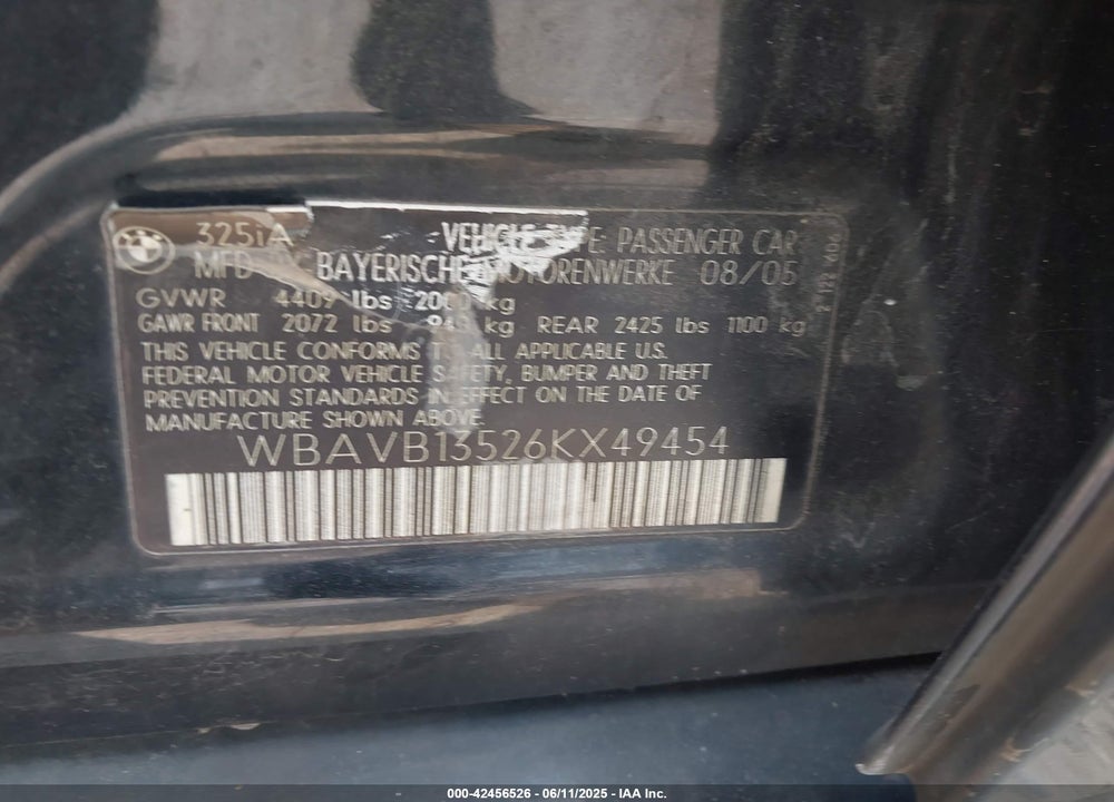 2006 BMW 325I VIN: WBAVB13526KX49454
