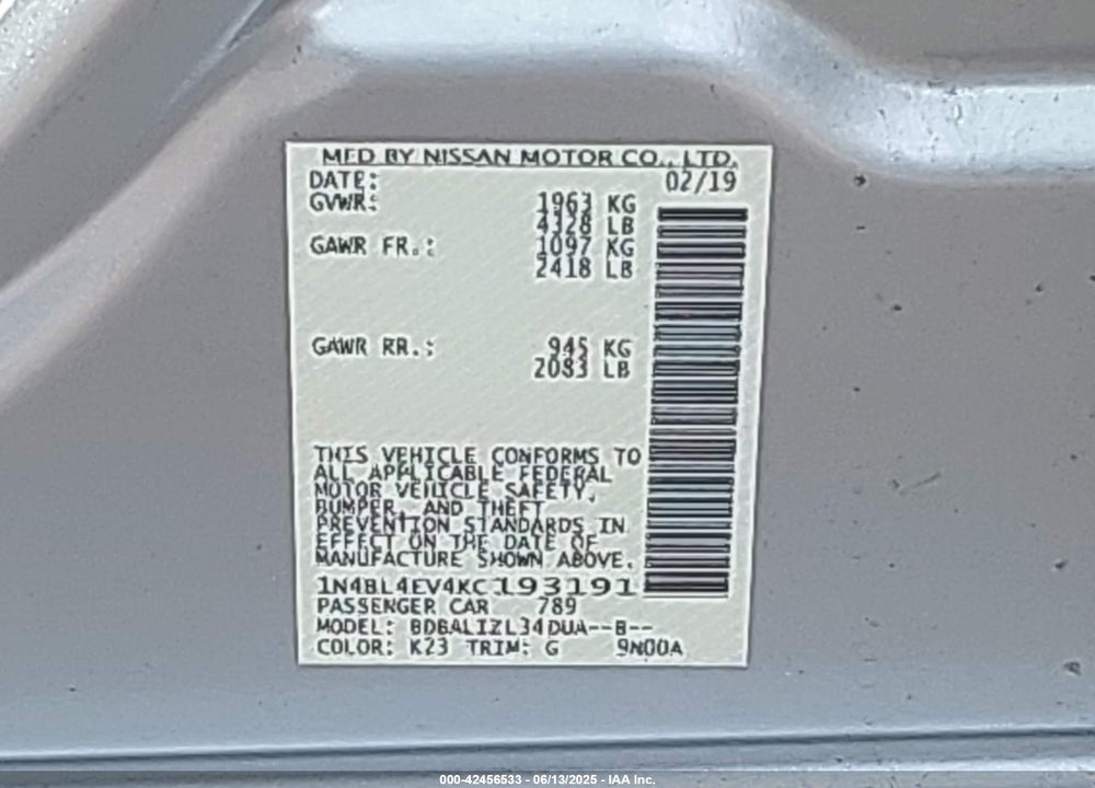 2019 NISSAN ALTIMA VIN: 1N4BL4EV4KC193191