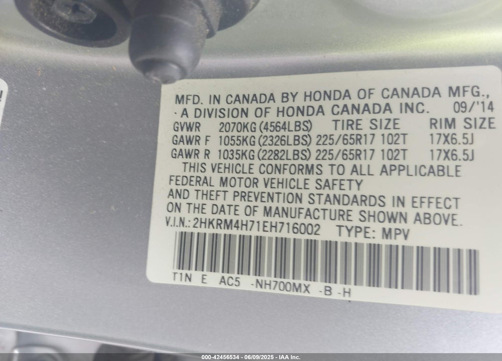 2014 HONDA CR-V EX-L VIN: 2HKRM4H71EH716002