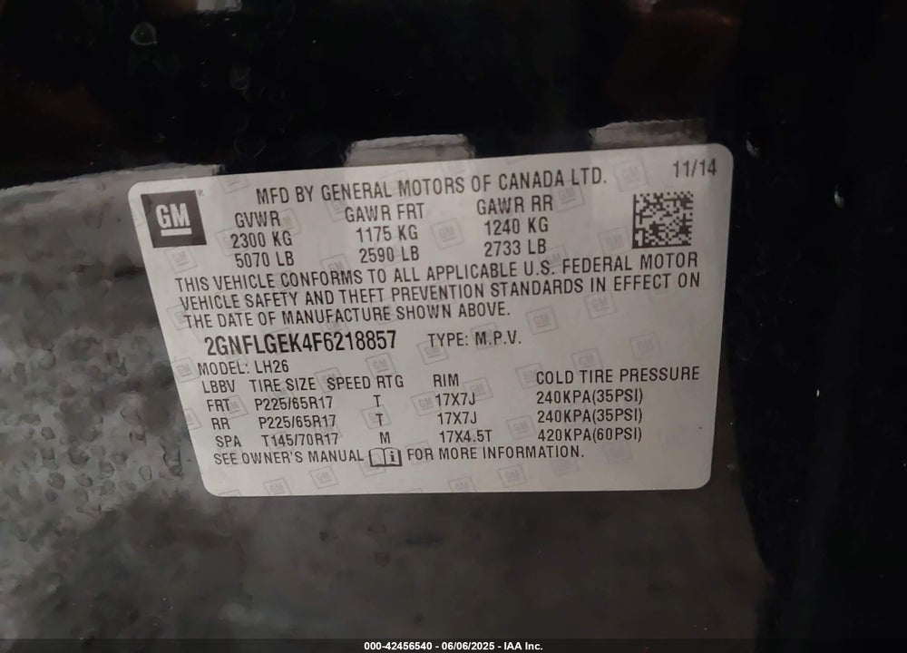 2015 CHEVROLET EQUINOX 2LT VIN: 2GNFLGEK4F6218857