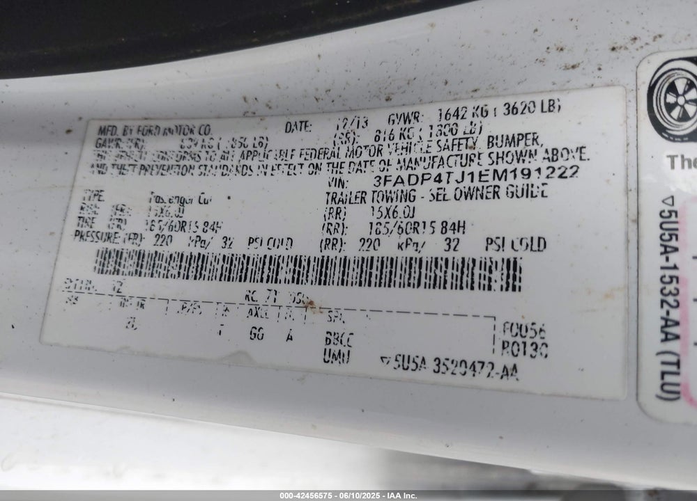 2014 FORD FIESTA VIN: 3FADP4TJ1EM191222