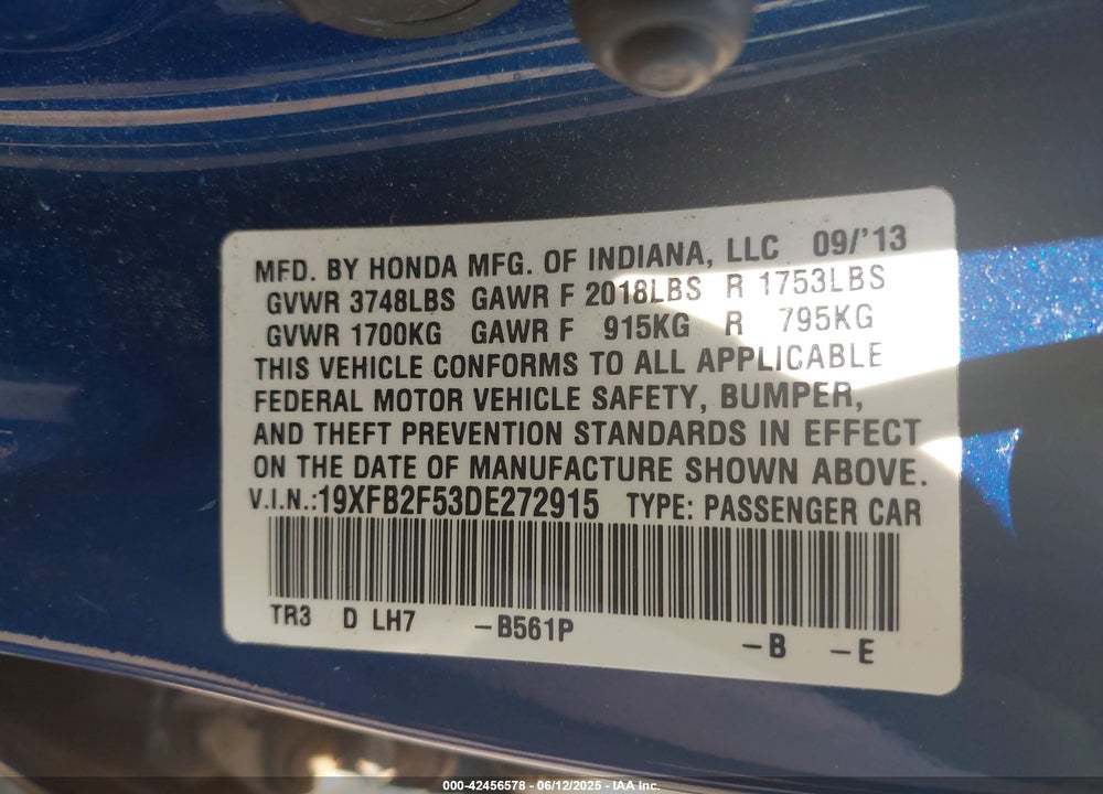 2013 HONDA CIVIC LX VIN: 19XFB2F53DE272915