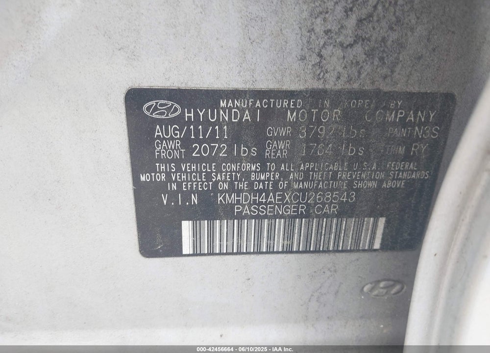 2012 HYUNDAI ELANTRA LIMITED (ULSAN PLANT) VIN: KMHDH4AEXCU268543