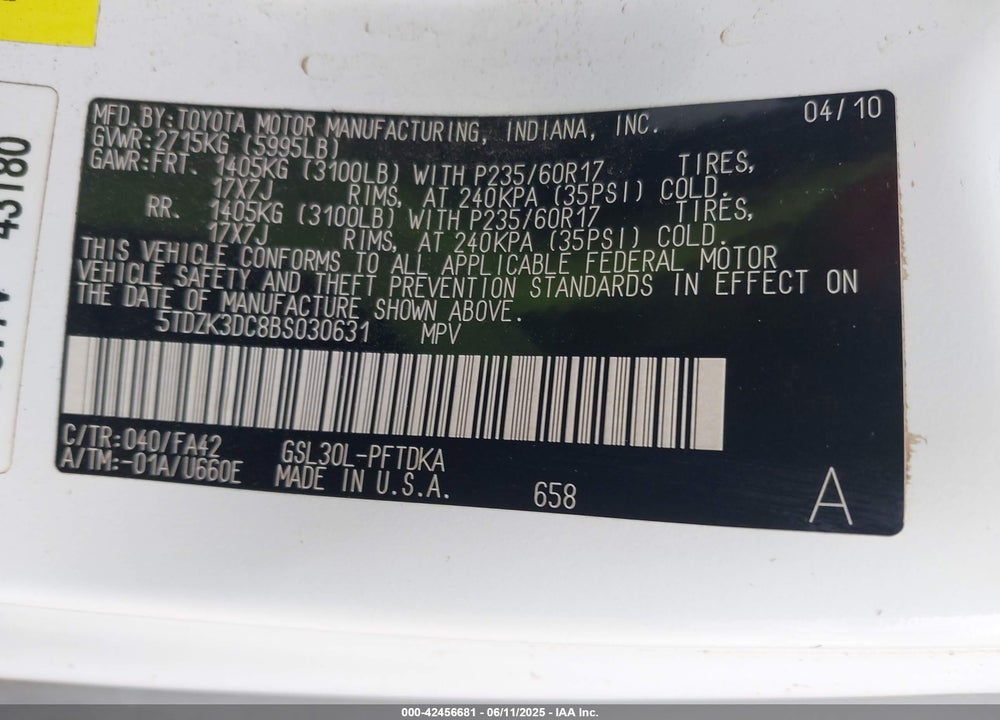 2011 TOYOTA SIENNA BASE V6 VIN: 5TDZK3DC8BS030631