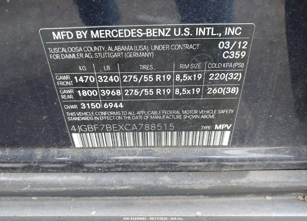 2012 MERCEDES-BENZ GL VIN: 4JGBF7BEXCA788515
