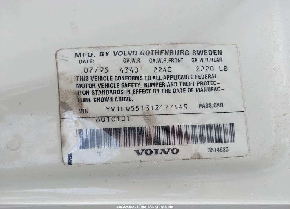 1996 VOLVO 850 GLT VIN: YV1LW5513T2177445
