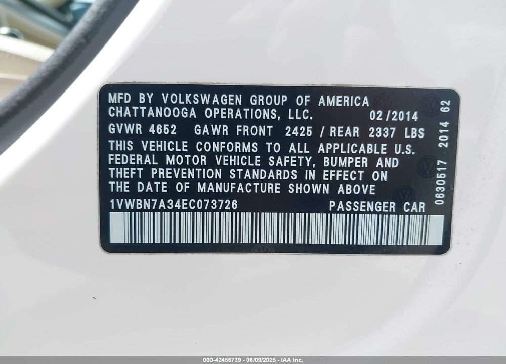 2014 VOLKSWAGEN PASSAT 2.0L TDI SE VIN: 1VWBN7A34EC073726