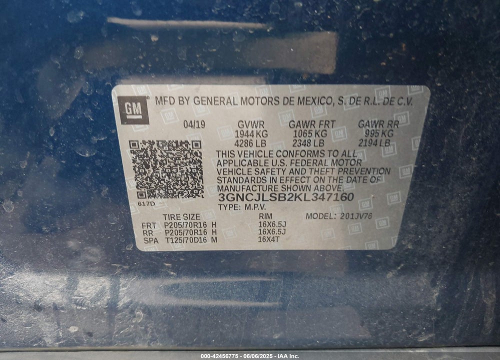 2019 CHEVROLET TRAX LT VIN: 3GNCJLSB2KL347160
