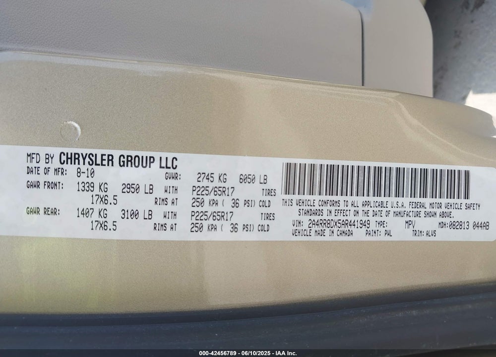 2010 CHRYSLER TOWN & COUNTRY VIN: 2A4RR8DX5AR441949