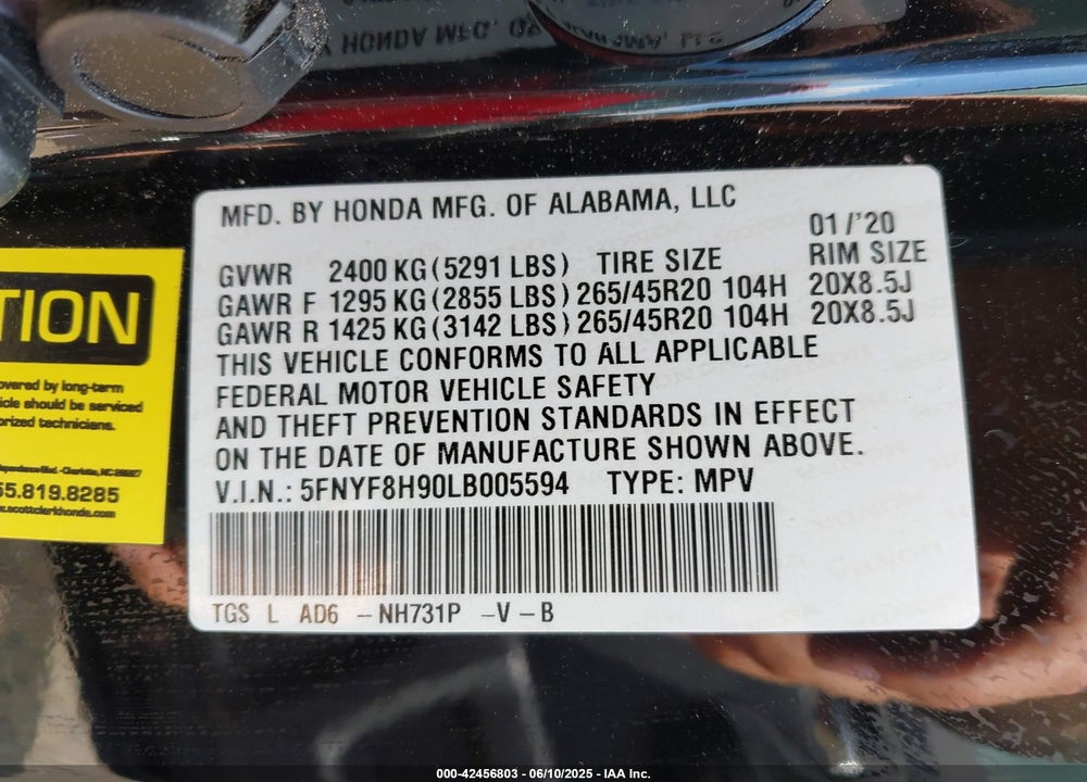2020 HONDA PASSPORT VIN: 5FNYF8H90LB005594