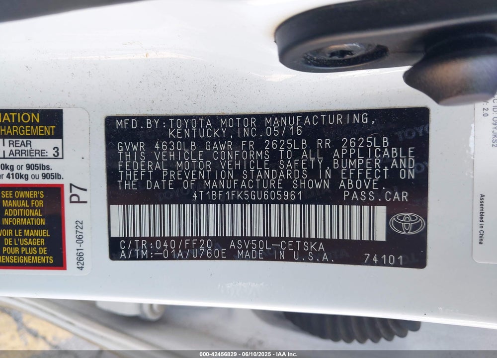 2016 TOYOTA CAMRY VIN: 4T1BF1FK5GU605961