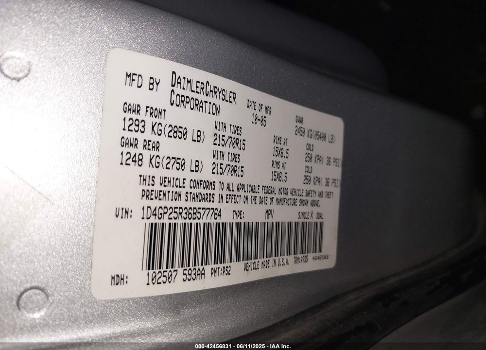2006 DODGE CARAVAN VIN: 1D4GP25R36B577764