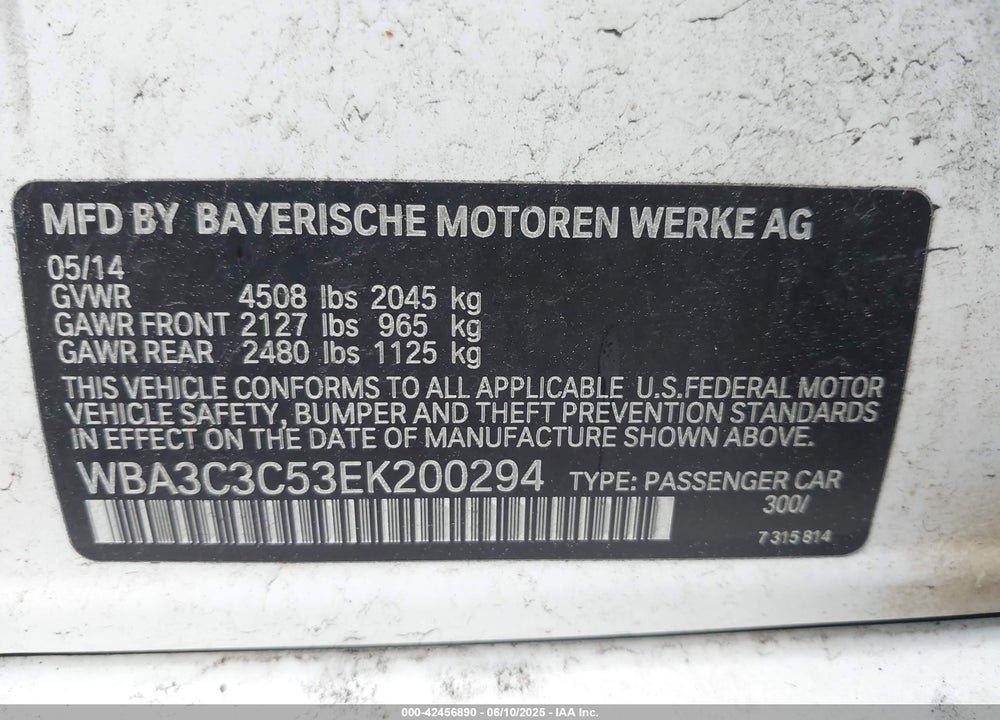 2014 BMW 320I XDRIVE VIN: WBA3C3C53EK200294