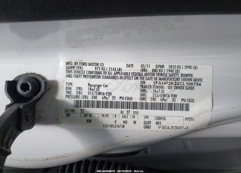 2012 FORD FOCUS VIN: 1FAHP3K22CL166754