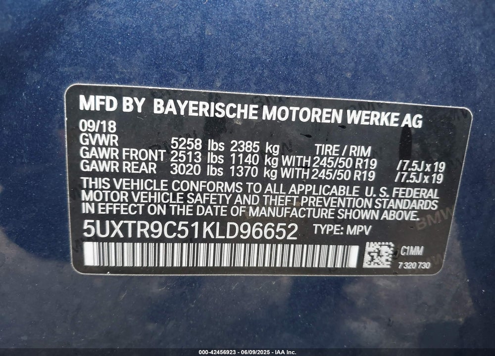 2019 BMW X3 XDRIVE30I VIN: 5UXTR9C51KLD96652