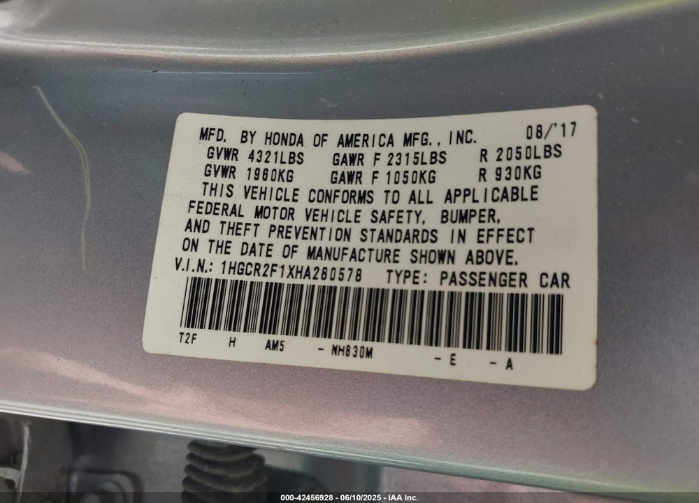 2017 HONDA ACCORD VIN: 1HGCR2F1XHA280578
