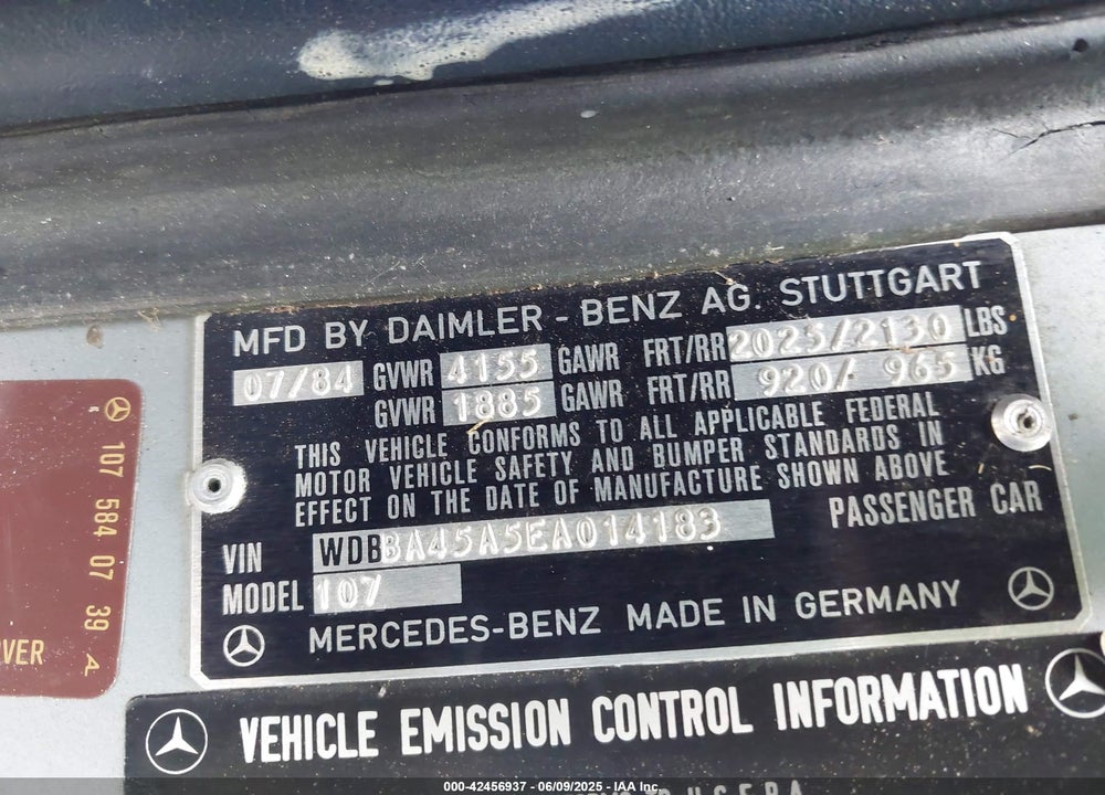 1984 MERCEDES-BENZ 380 SL VIN: WDBBA45A5EA014183