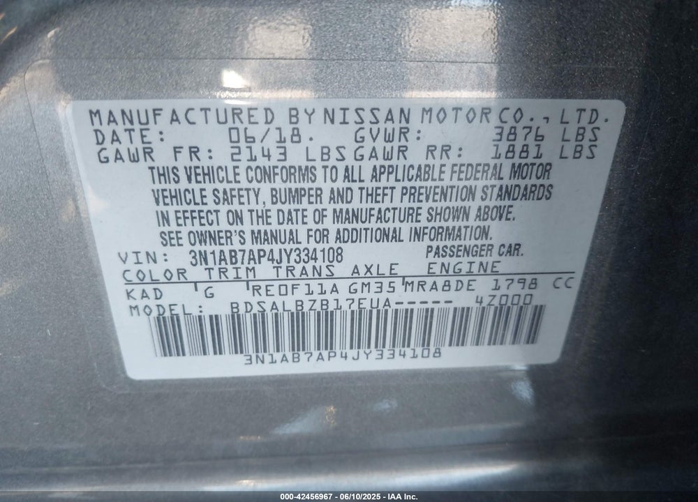 2018 NISSAN SENTRA VIN: 3N1AB7AP4JY334108