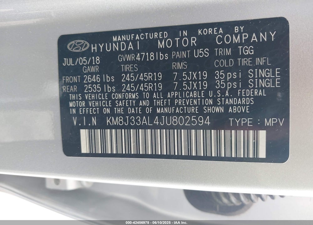 2018 HYUNDAI TUCSON VIN: KM8J33AL4JU802594