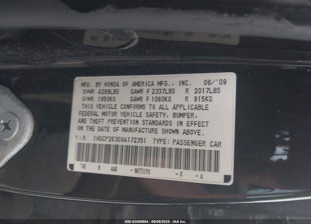 2009 HONDA ACCORD 2.4 LX VIN: 1HGCP26309A172351
