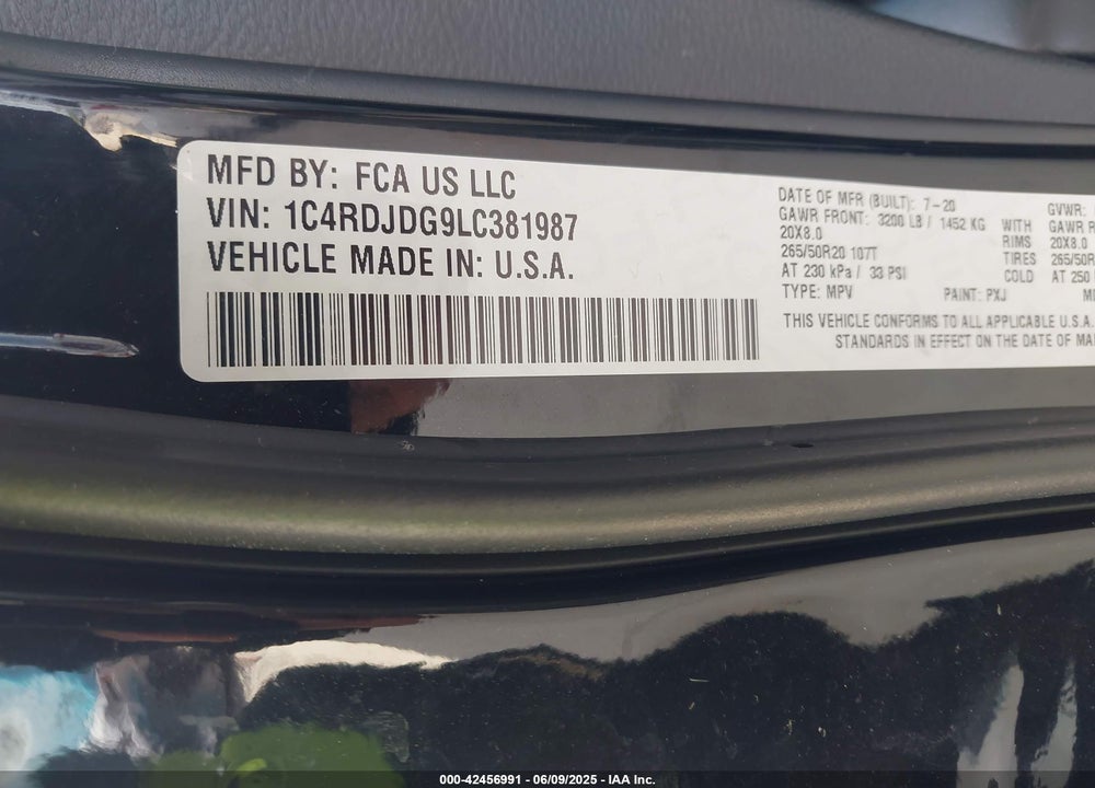 2020 DODGE DURANGO VIN: 1C4RDJDG9LC381987